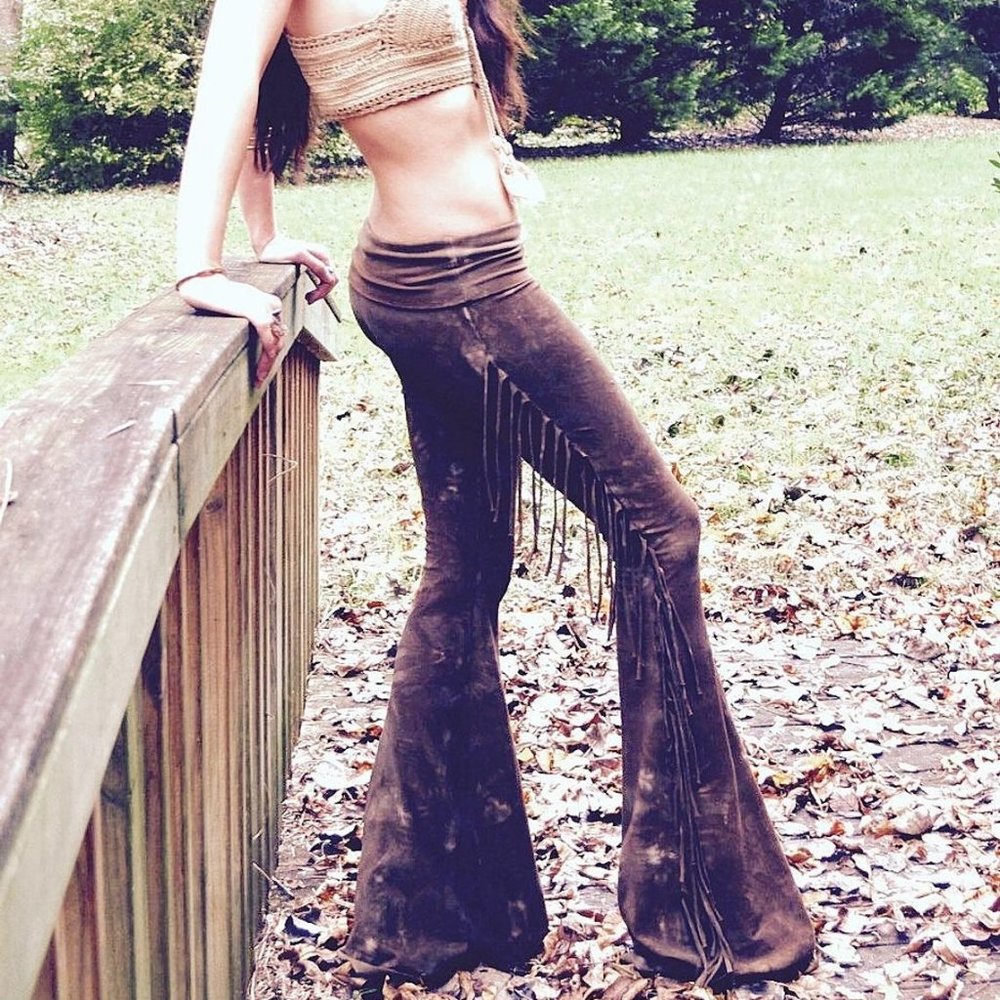SHORT LENGTH Hiphugger Fringe Bell Bottoms in BROWN TIE DYE Rocker Festival Boho - Picture 10 of 13